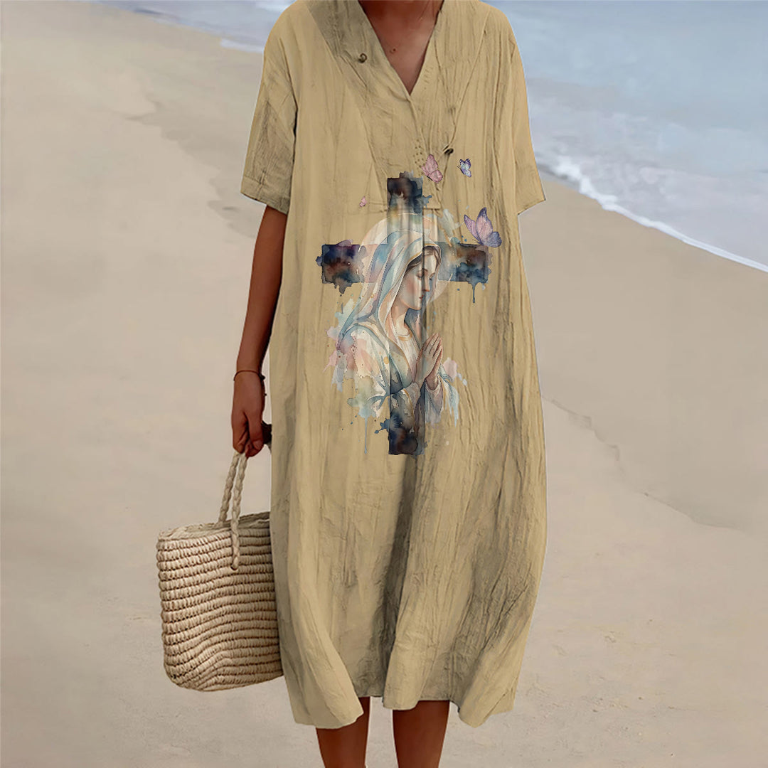 Christianartworkshop Aquarell-Midikleid mit Motiven der Jungfrau von Guadalupe und Schmetterlingen, V-Ausschnitt, kurze Ärmel - Khaki - 4XL - image 6