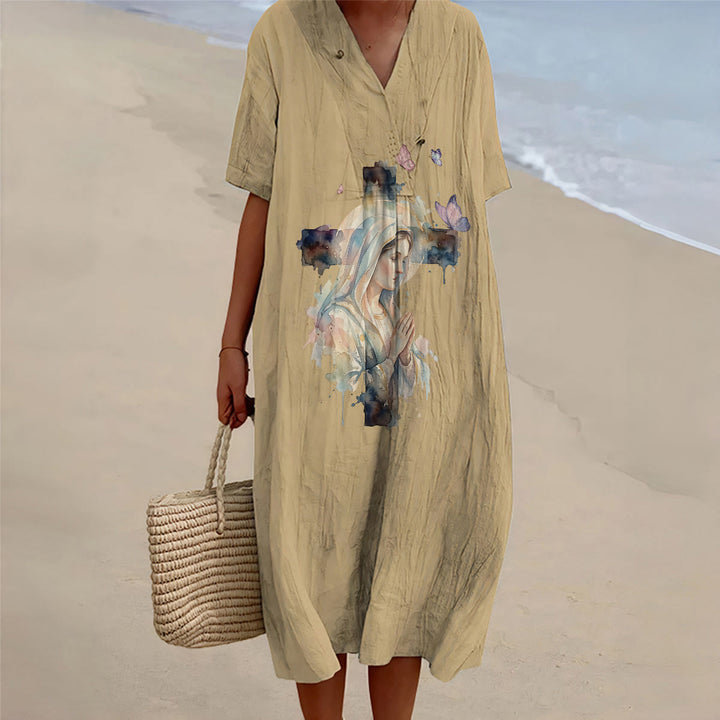Christianartworkshop Aquarell-Midikleid mit Motiven der Jungfrau von Guadalupe und Schmetterlingen, V-Ausschnitt, kurze Ärmel - Khaki - 4XL - image 6