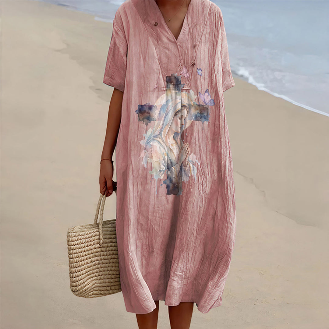 Christianartworkshop Aquarell-Midikleid mit Motiven der Jungfrau von Guadalupe und Schmetterlingen, V-Ausschnitt, kurze Ärmel - Rosa - 4XL - image 8