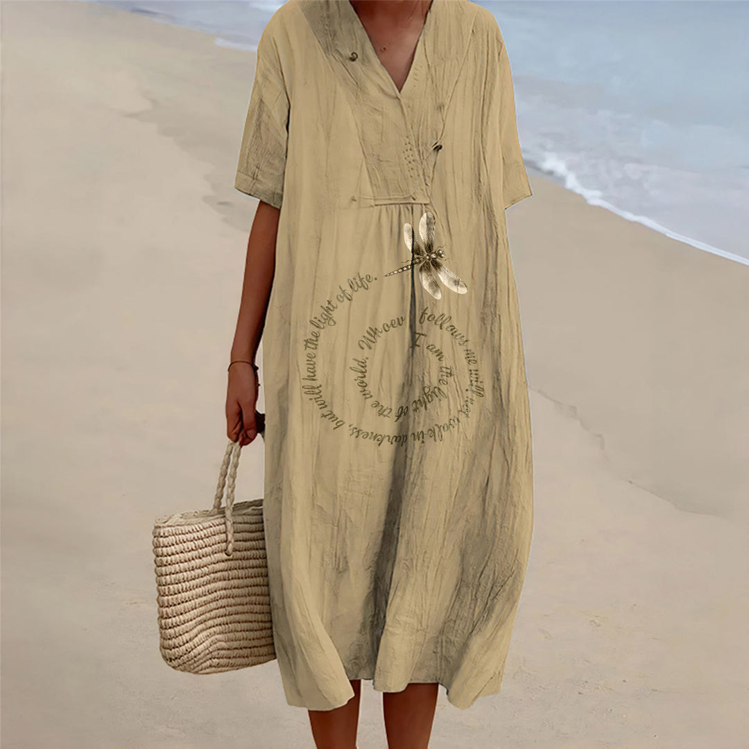 Christianartworkshop Entspanntes Midikleid mit Libellenmotiv und inspirierendem Vers, V-Ausschnitt und kurzen Ärmeln - Khaki - 4XL - image 6