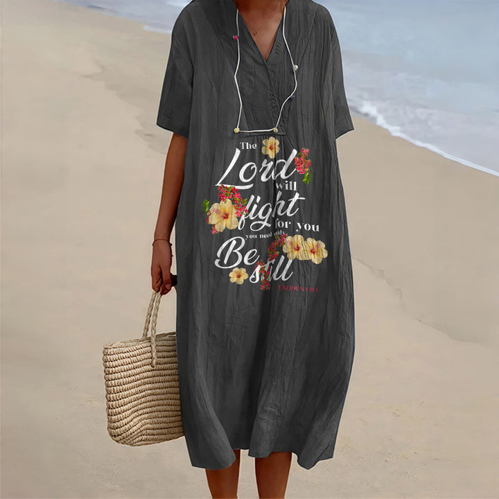 Christianartworkshop Hibiskusblüten-Akzent „Der Herr wird für dich kämpfen“ V-Ausschnitt Kurzarm-Midikleid - Schwarz - 4XL - image 4