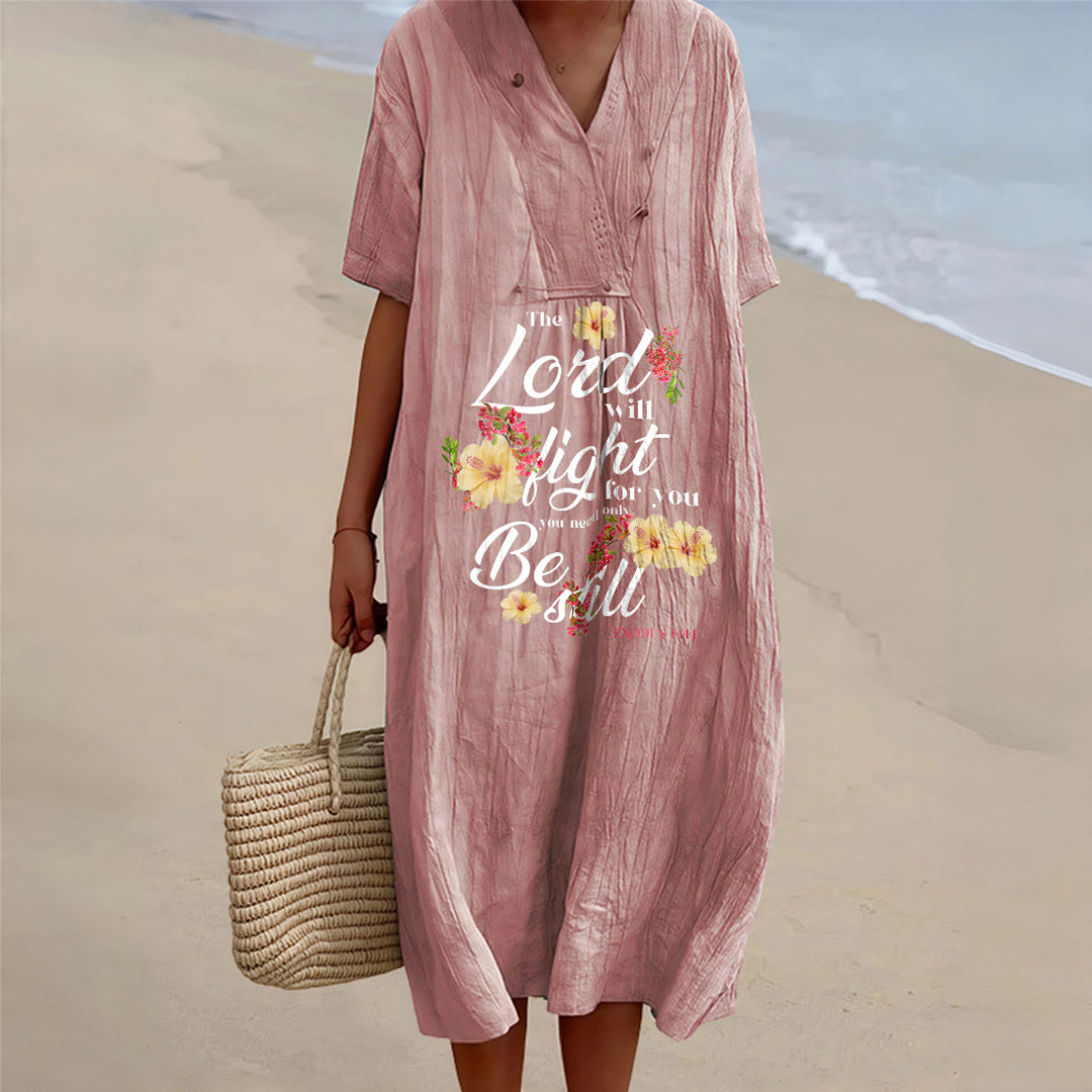 Christianartworkshop Hibiskusblüten-Akzent „Der Herr wird für dich kämpfen“ V-Ausschnitt Kurzarm-Midikleid - Rosa - 4XL - image 0