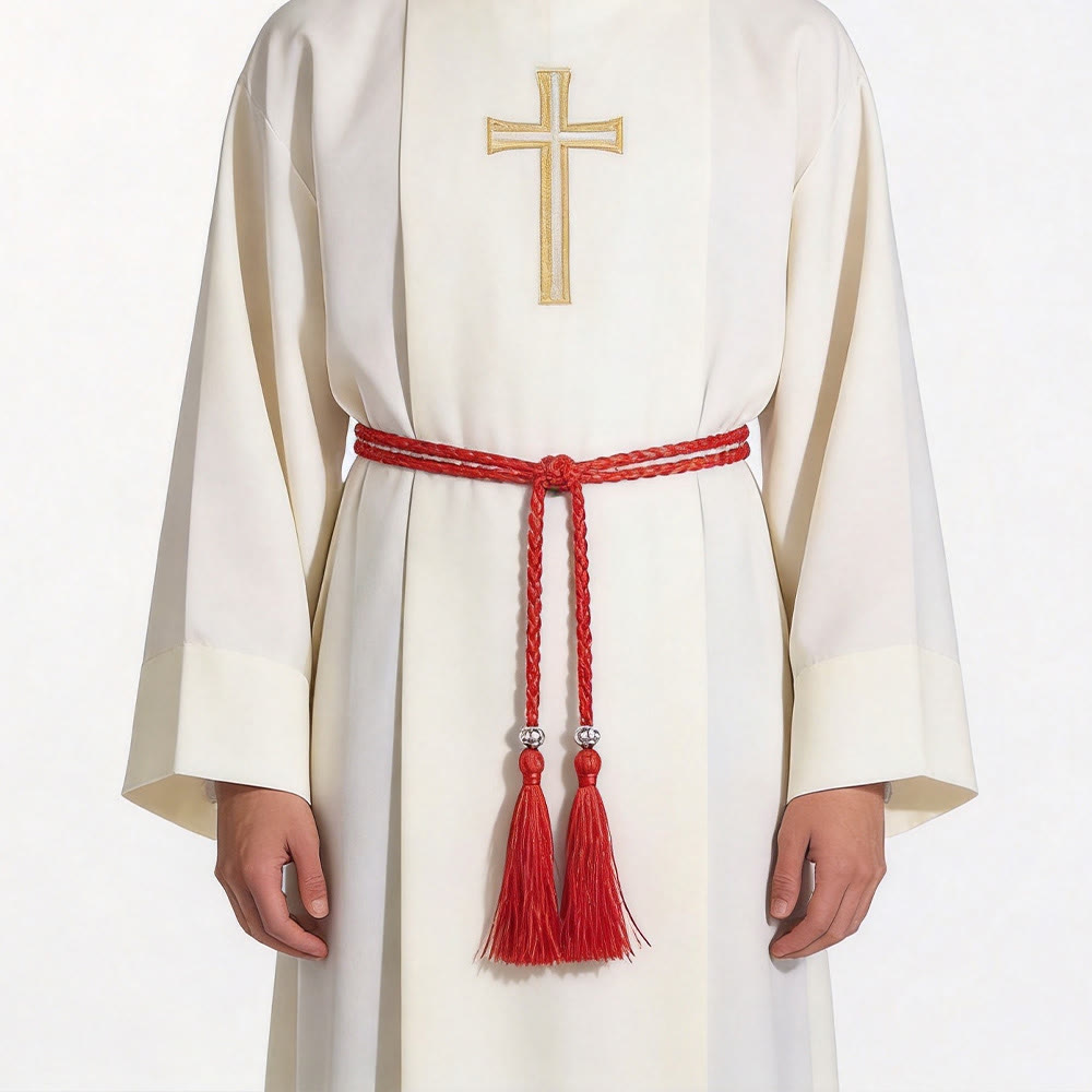 Christianartworkshop Geflochtener Gürtel mit Verzierungen und Quasten: Ein sakrales liturgisches Accessoire - Weinrot - image 2