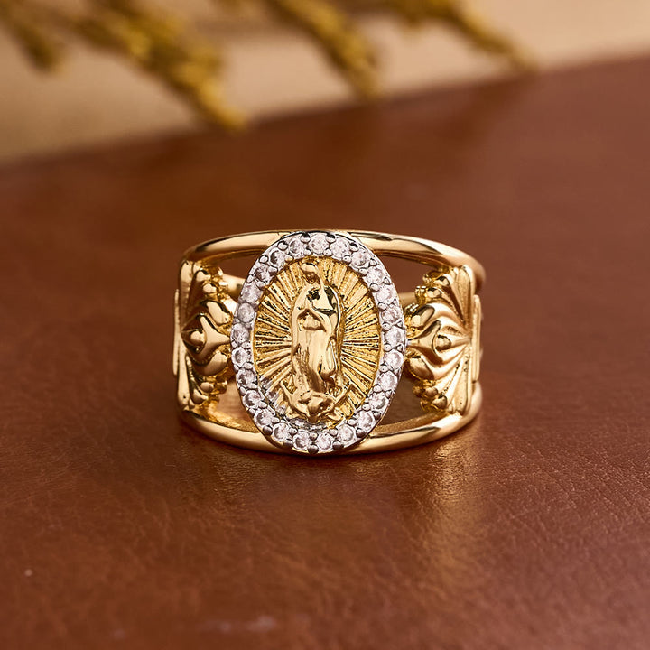 Christianartworkshop Aufwendig gearbeiteter Guadalupe-Ring mit Zirkon-Halo: Eine Erinnerung an himmlische Gnade - Unsere Liebe Frau (Geeignet für US-Größen 7 - 9) - image 0