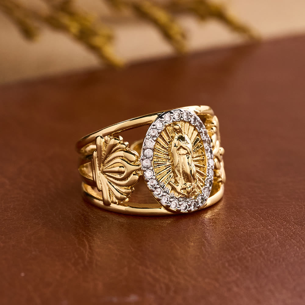Christianartworkshop Aufwendig gearbeiteter Guadalupe-Ring mit Zirkon-Halo: Eine Erinnerung an himmlische Gnade - image 1