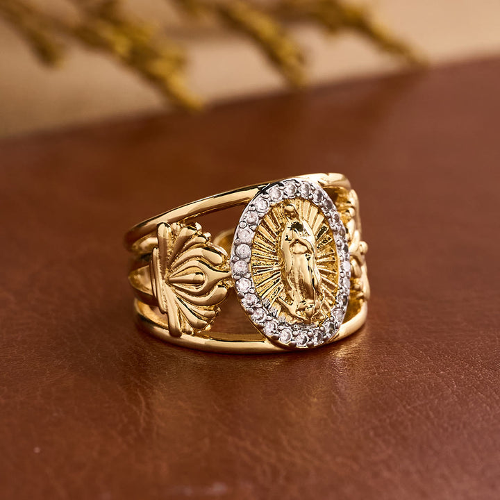 Christianartworkshop Aufwendig gearbeiteter Guadalupe-Ring mit Zirkon-Halo: Eine Erinnerung an himmlische Gnade - image 1