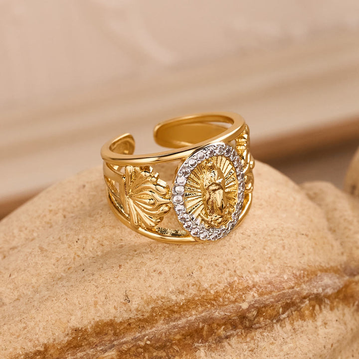 Christianartworkshop Aufwendig gearbeiteter Guadalupe-Ring mit Zirkon-Halo: Eine Erinnerung an himmlische Gnade - image 5