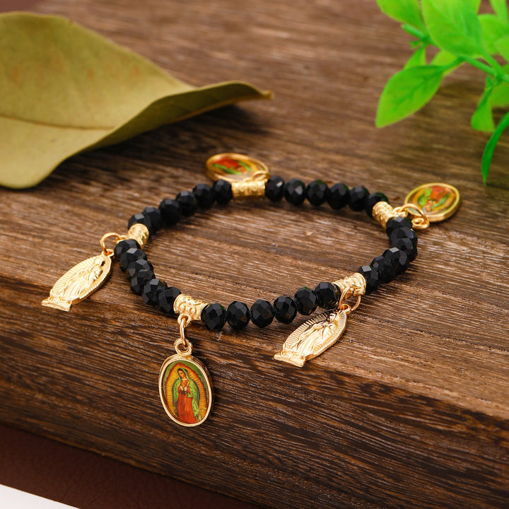 Christianartworkshop Aufwendig gearbeitetes Perlenarmband mit Anhängern der Jungfrau von Guadalupe und des Heiligen Judas Thaddäus: Eine Erinnerung an die heilige Liebe - Schwarz - image 0