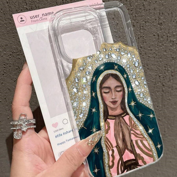 Christianartworkshop Künstlerische Handyhülle mit dem Motiv der Jungfrau von Guadalupe und Kristallheiligtum: Eine Erinnerung an himmlische Gnade - image 3