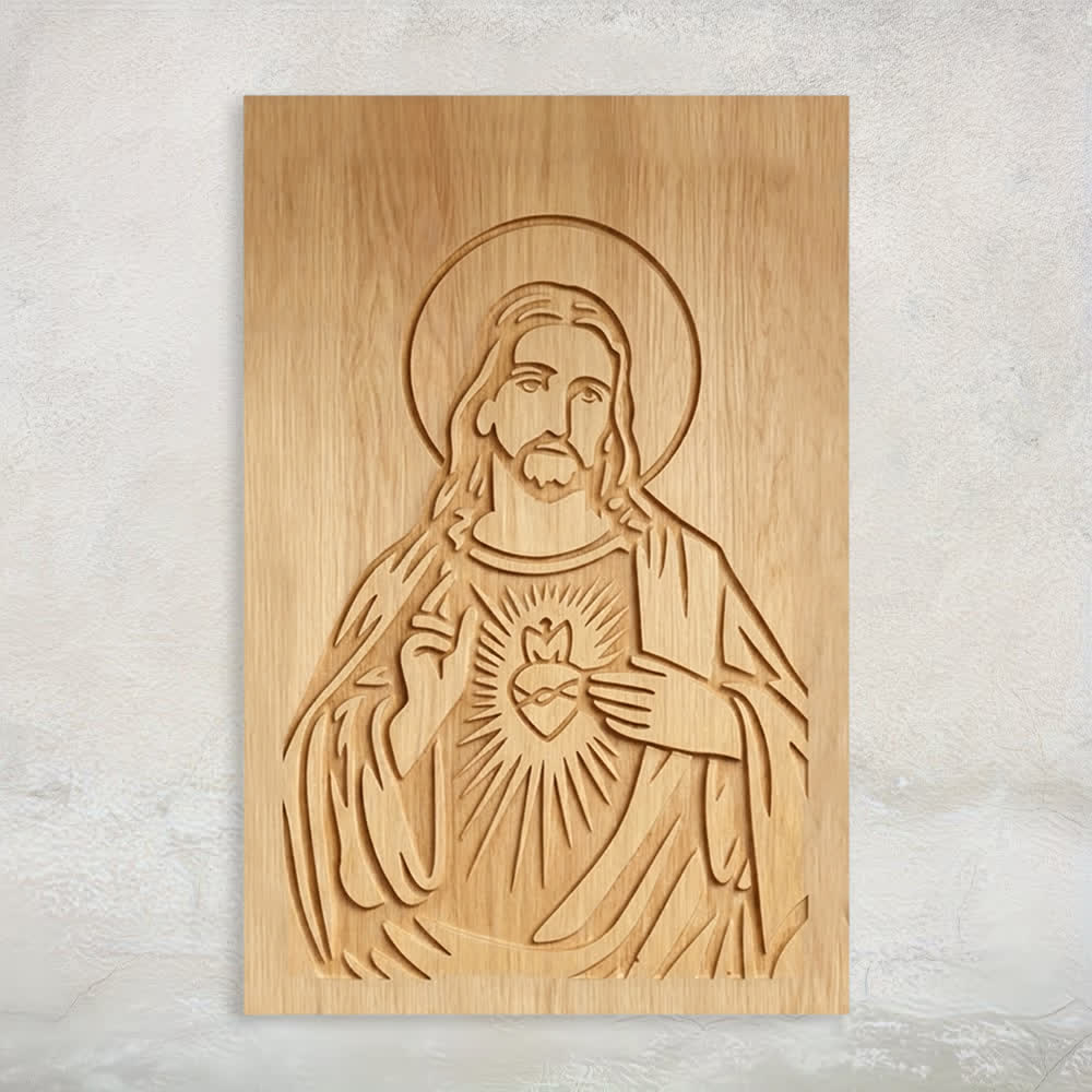 Christianartworkshop Rustikale Wanddekoration aus Holz mit dem Motiv des Heiligen Herzens Jesu für ein friedvolles Zuhause - 12,99″ 19,69″ 0,20″ / 33 × 50 × 0,5 cm - image 0