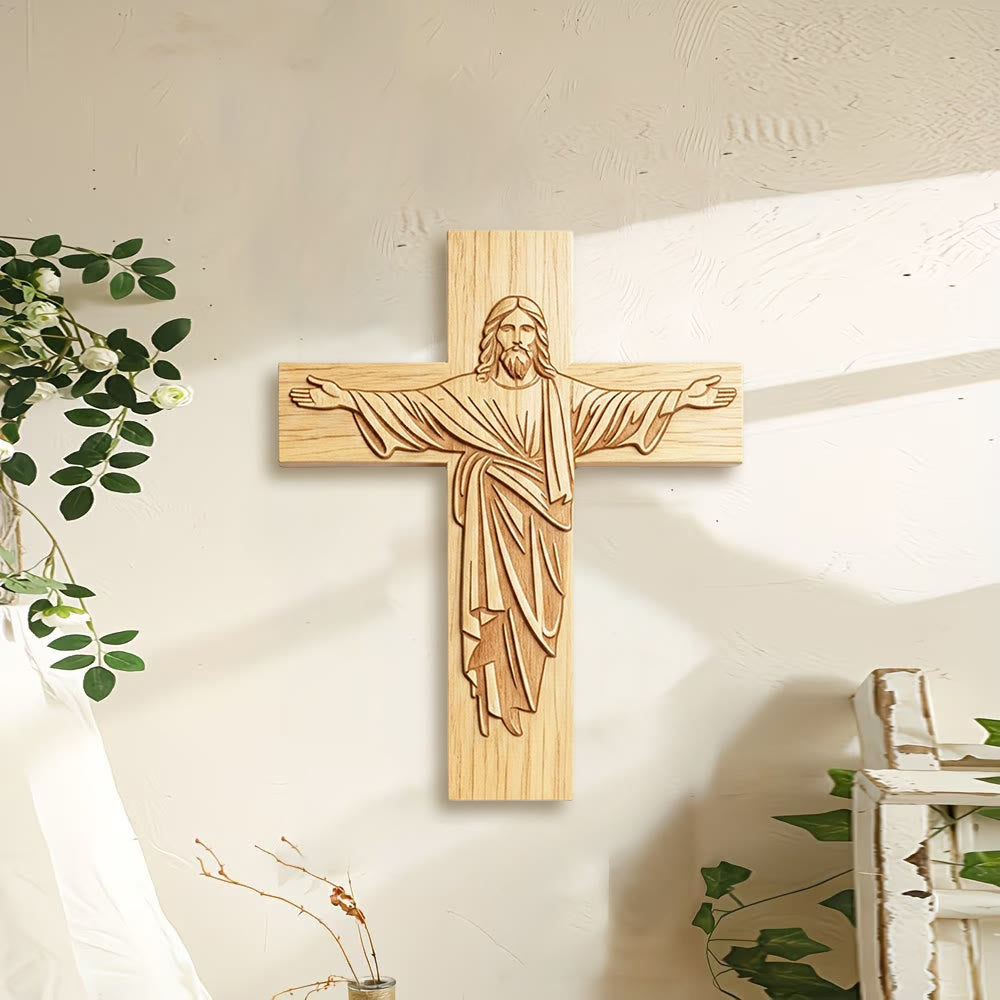 Christianartworkshop Klassische minimalistische Jesus-Kreuz-Holzplakette mit offenem Armdesign: Ein zeitloses Symbol der Hingabe - image 1