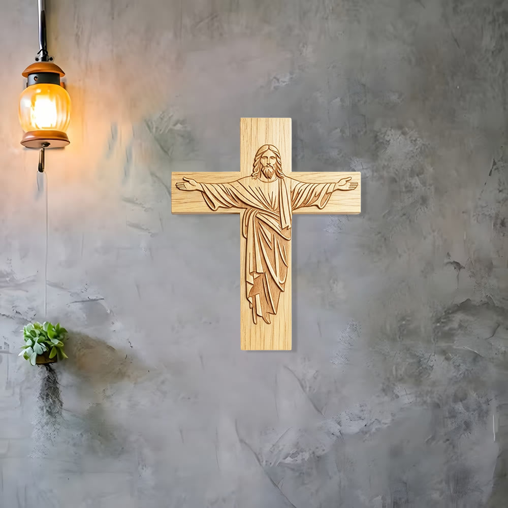 Christianartworkshop Klassische minimalistische Jesus-Kreuz-Holzplakette mit offenem Armdesign: Ein zeitloses Symbol der Hingabe - image 2