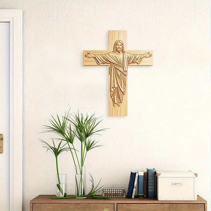 Christianartworkshop Klassische minimalistische Jesus-Kreuz-Holzplakette mit offenem Armdesign: Ein zeitloses Symbol der Hingabe - image 3