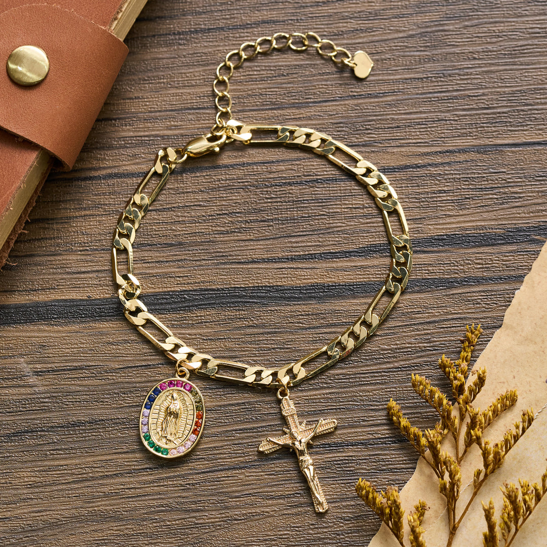 Christianartworkshop Figaro-Kettenarmband mit Guadalupe-Medaille, Strassrand und Kruzifix-Anhänger - Unsere Liebe Frau und das Kruzifix C - image 7