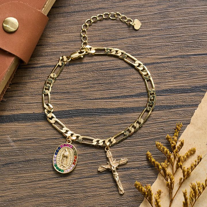 Christianartworkshop Figaro-Kettenarmband mit Guadalupe-Medaille, Strassrand und Kruzifix-Anhänger - Unsere Liebe Frau und das Kruzifix C - image 7