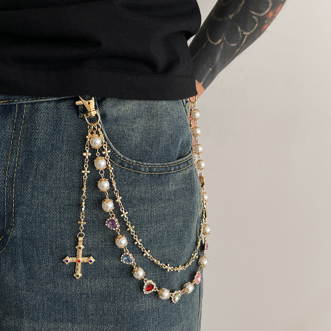 Christianartworkshop Mehrlagige, farbige Zirkonia-Hose mit Kreuzanhänger: Ein Symbol für heiligen Glauben und Streetstyle - Goldener A-Stil - image 0