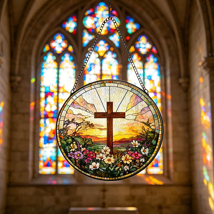 Christianartworkshop Runder Buntglas-Sonnenfänger mit Kreuzmotiv, Sonnenuntergangsmotiv und Blumenmuster: Ein Symbol göttlicher Wärme und göttlichen Segens - image 1