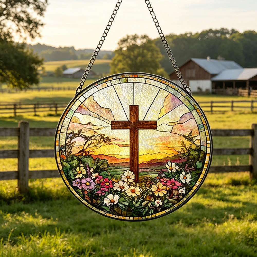 Christianartworkshop Runder Buntglas-Sonnenfänger mit Kreuzmotiv, Sonnenuntergangsmotiv und Blumenmuster: Ein Symbol göttlicher Wärme und göttlichen Segens - image 3