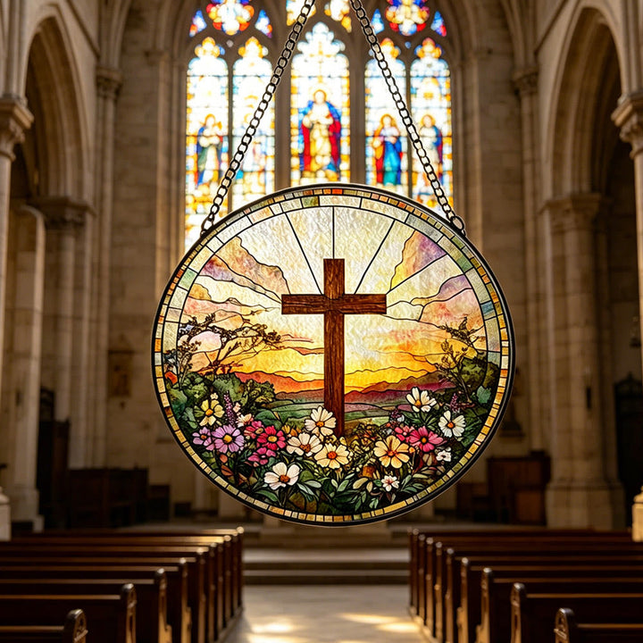 Christianartworkshop Runder Buntglas-Sonnenfänger mit Kreuzmotiv, Sonnenuntergangsmotiv und Blumenmuster: Ein Symbol göttlicher Wärme und göttlichen Segens - image 2
