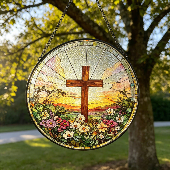 Christianartworkshop Runder Buntglas-Sonnenfänger mit Kreuzmotiv, Sonnenuntergangsmotiv und Blumenmuster: Ein Symbol göttlicher Wärme und göttlichen Segens - image 5