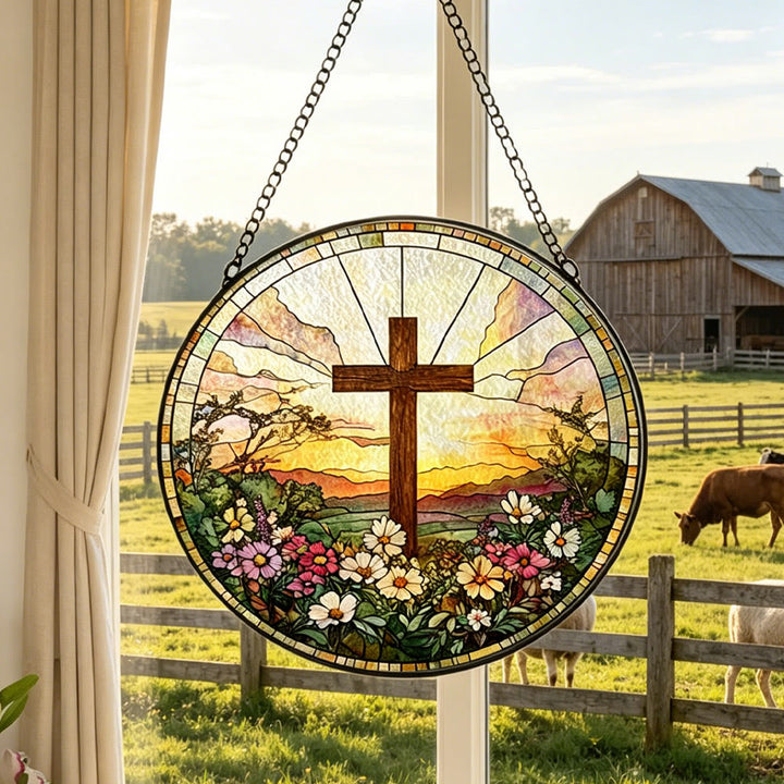 Christianartworkshop Runder Buntglas-Sonnenfänger mit Kreuzmotiv, Sonnenuntergangsmotiv und Blumenmuster: Ein Symbol göttlicher Wärme und göttlichen Segens - Kreuzsonnenfänger - image 0