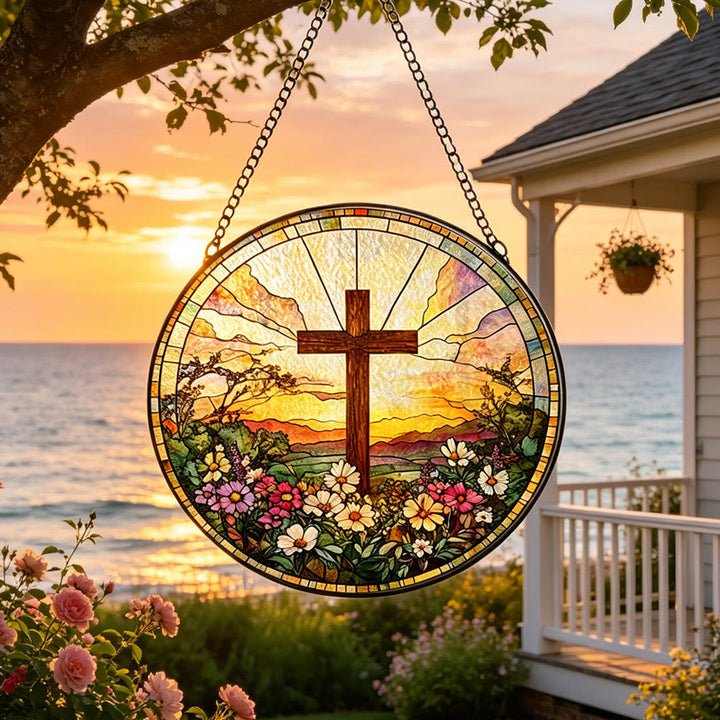 Christianartworkshop Runder Buntglas-Sonnenfänger mit Kreuzmotiv, Sonnenuntergangsmotiv und Blumenmuster: Ein Symbol göttlicher Wärme und göttlichen Segens - image 4