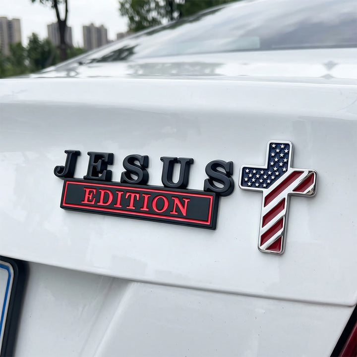 Christianartworkshop 3D-Metall-Autoemblem „Jesus Edition“ mit Kreuz im US-Flaggenmuster: Ein Symbol des Glaubens und der nationalen Ehre - Amerikanische Flagge Kreuz - Schwarzer und roter Jesus - image 6