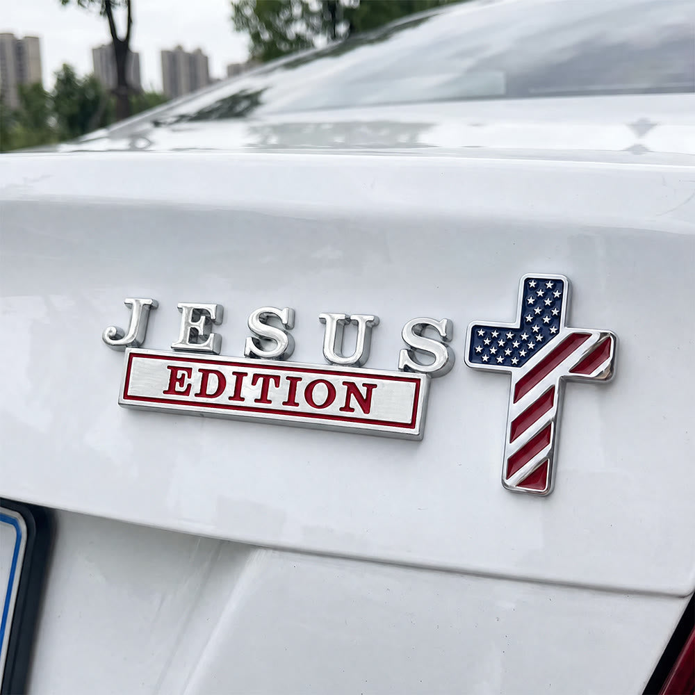 Christianartworkshop 3D-Metall-Autoemblem „Jesus Edition“ mit Kreuz im US-Flaggenmuster: Ein Symbol des Glaubens und der nationalen Ehre - Amerikanische Flagge Kreuz - Silberner und roter Jesus - image 0