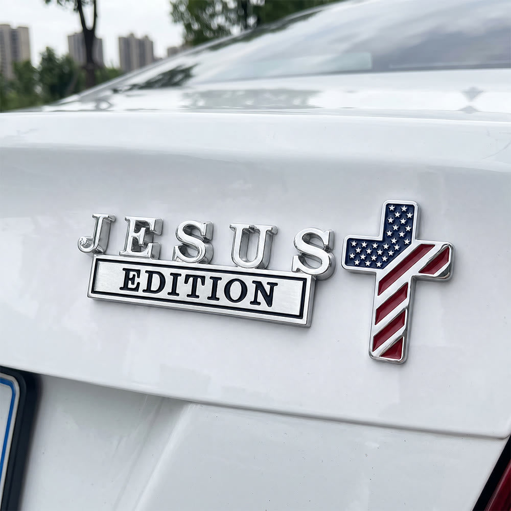 Christianartworkshop 3D-Metall-Autoemblem „Jesus Edition“ mit Kreuz im US-Flaggenmuster: Ein Symbol des Glaubens und der nationalen Ehre - Amerikanische Flagge Kreuz - Silberner und schwarzer Jesus - image 2