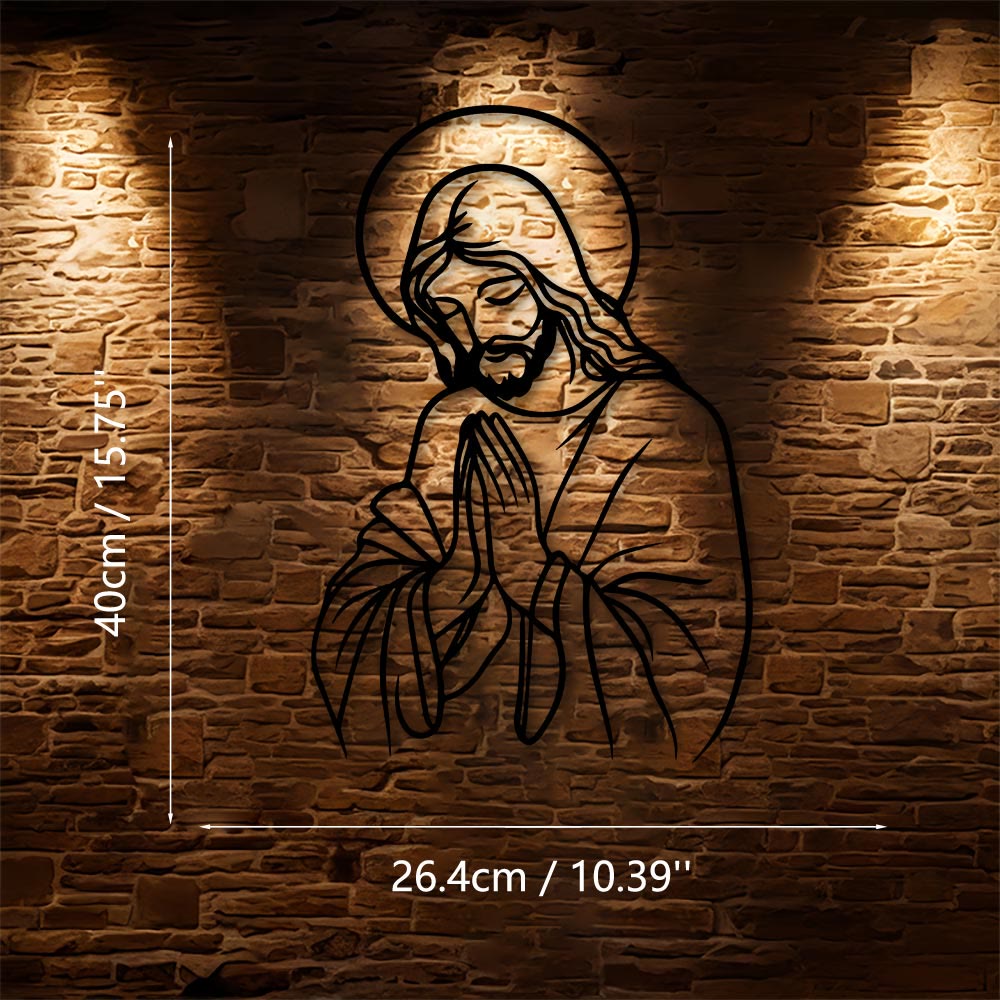 Christianartworkshop Minimalistische Linienkunst: Betender Jesus als Heiligenschein aus Metall – Wanddekoration: Ein Symbol demütiger, heiliger Hingabe - 10,39"*15,75"*0,04"/26,4cm*40cm*0,1cm - image 7