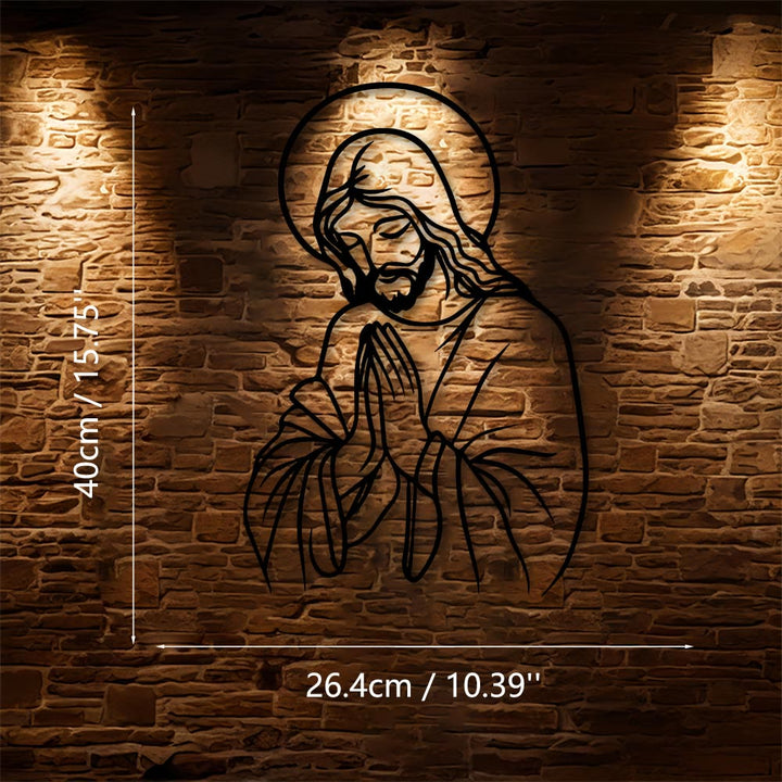 Christianartworkshop Minimalistische Linienkunst: Betender Jesus als Heiligenschein aus Metall – Wanddekoration: Ein Symbol demütiger, heiliger Hingabe - 10,39"*15,75"*0,04"/26,4cm*40cm*0,1cm - image 7
