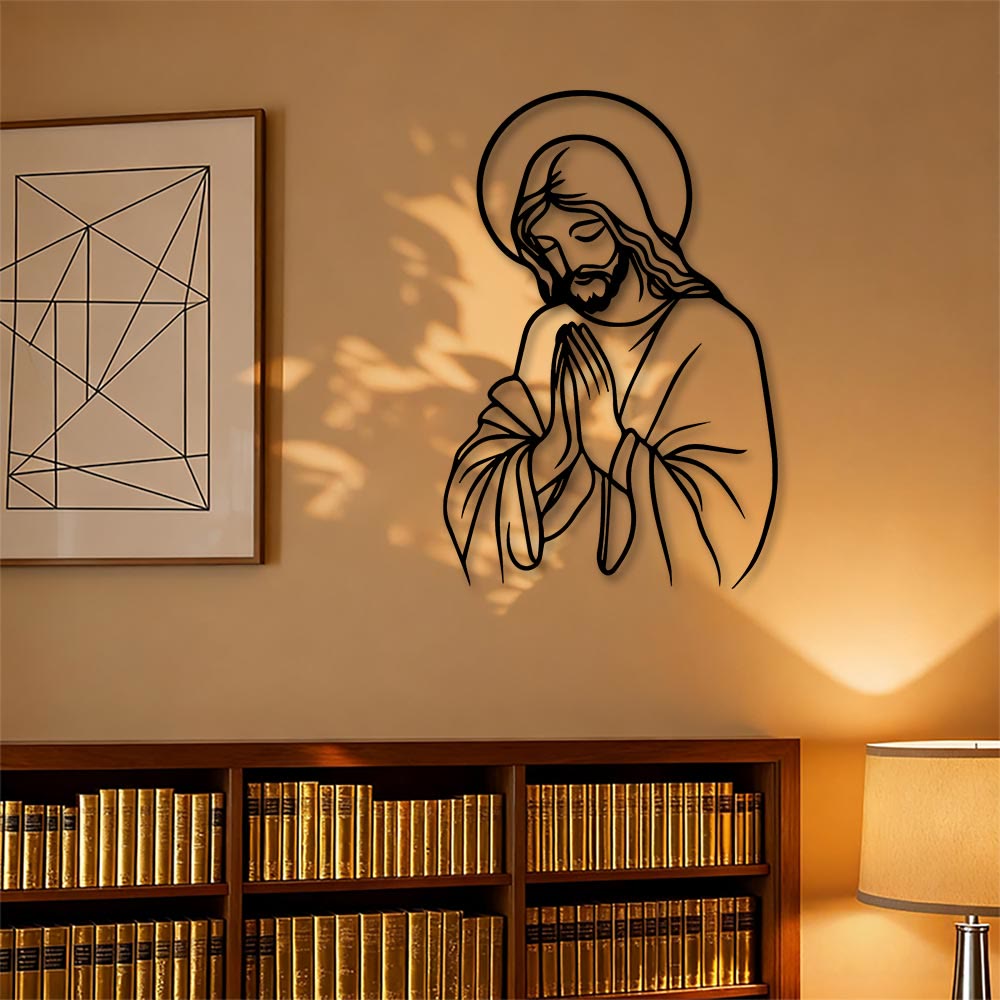 Christianartworkshop Minimalistische Linienkunst Betender Jesus Heiligenschein Metall Wanddeko: Ein Symbol demütiger heiliger Hingabe - image 0