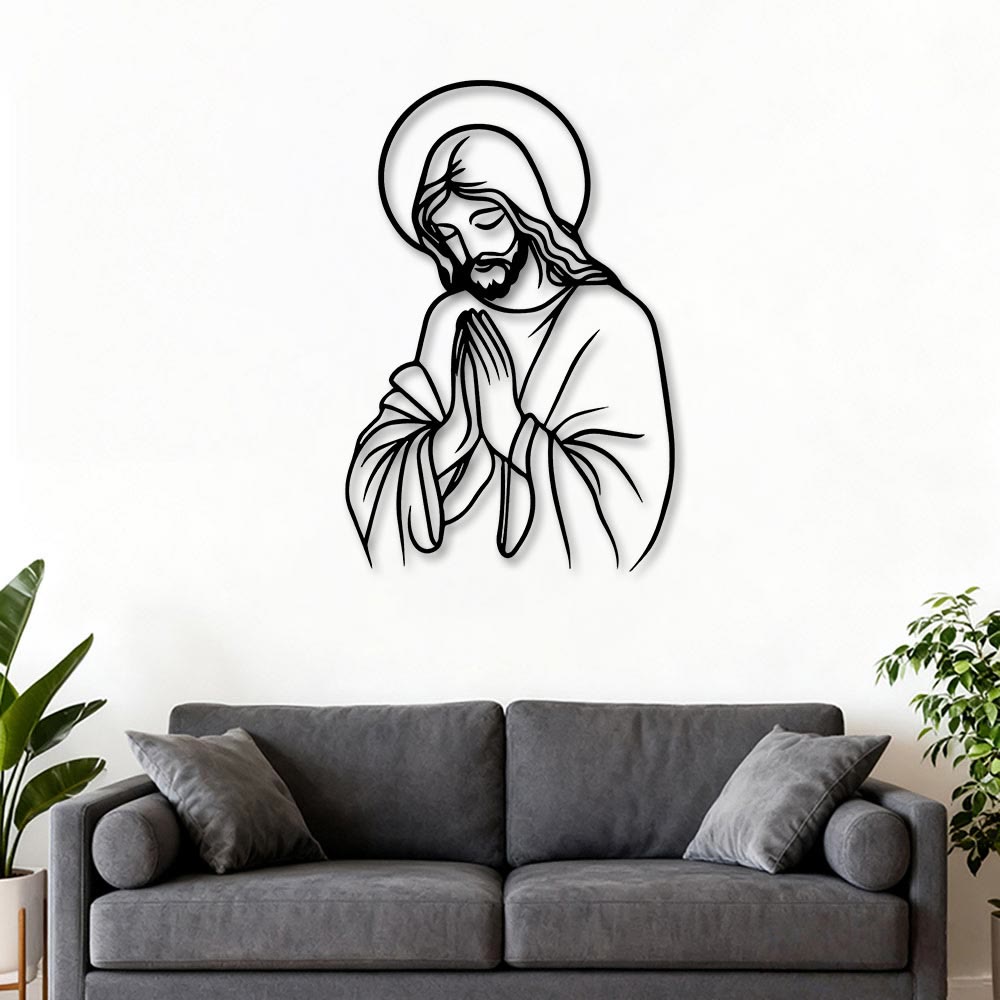 Christianartworkshop Minimalistische Linienkunst: Betender Jesus als Heiligenschein aus Metall – Wanddekoration: Ein Symbol demütiger, heiliger Hingabe - image 2
