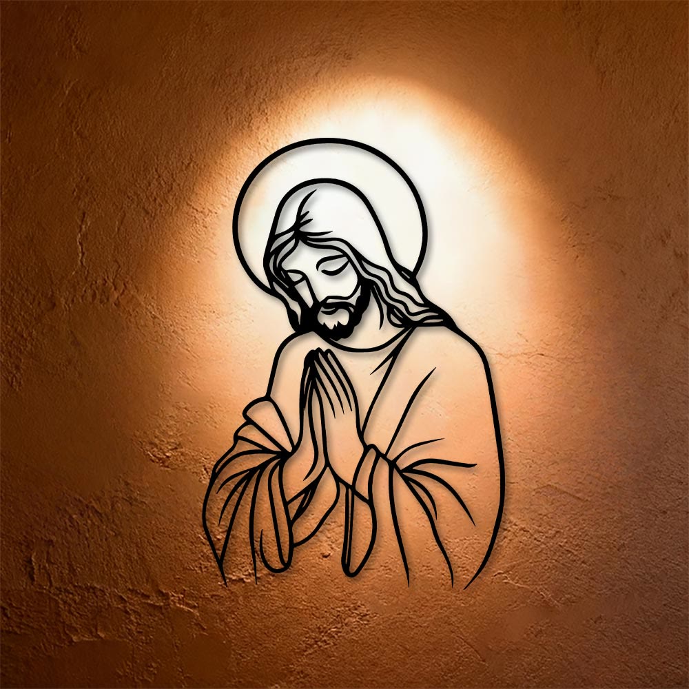 Christianartworkshop Minimalistische Linienkunst Betender Jesus Heiligenschein Metall Wanddeko: Ein Symbol demütiger heiliger Hingabe - image 1