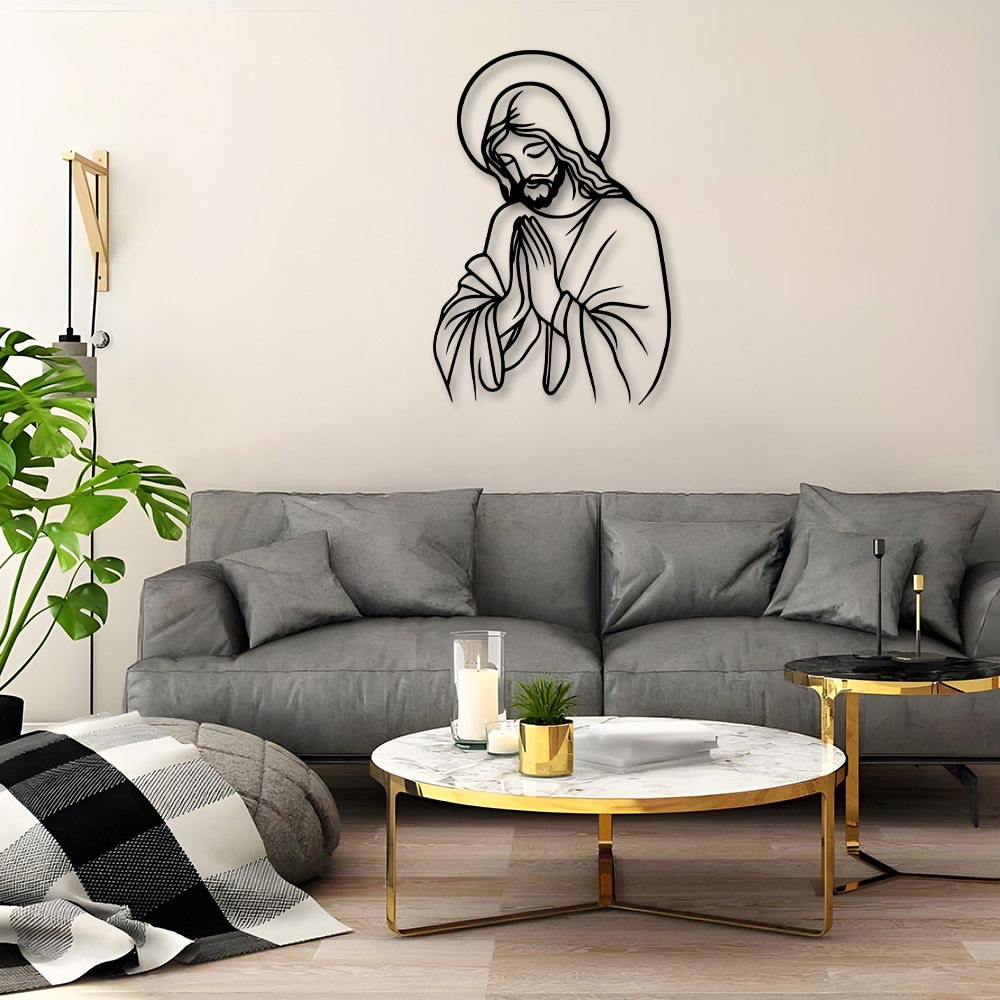 Christianartworkshop Minimalistische Linienkunst: Betender Jesus als Heiligenschein aus Metall – Wanddekoration: Ein Symbol demütiger, heiliger Hingabe - image 4