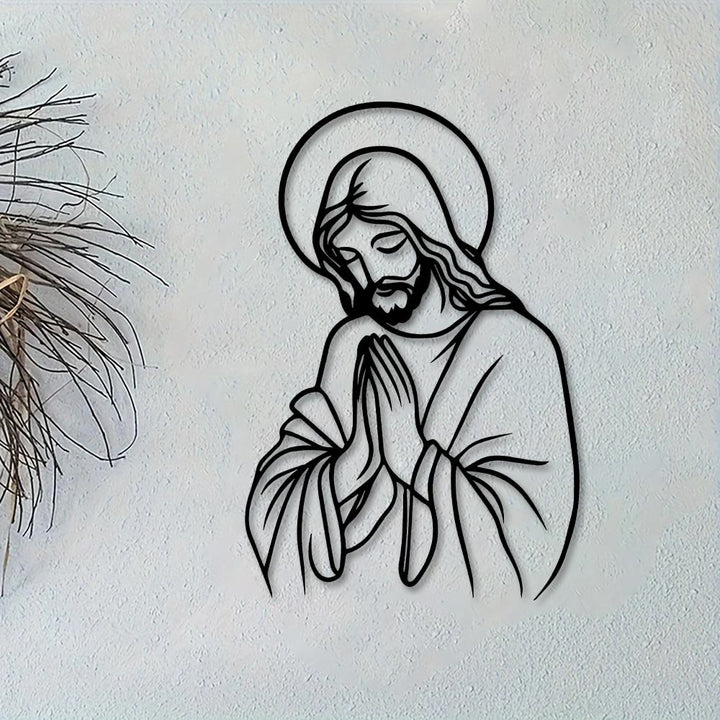 Christianartworkshop Minimalistische Linienkunst: Betender Jesus als Heiligenschein aus Metall – Wanddekoration: Ein Symbol demütiger, heiliger Hingabe - image 5
