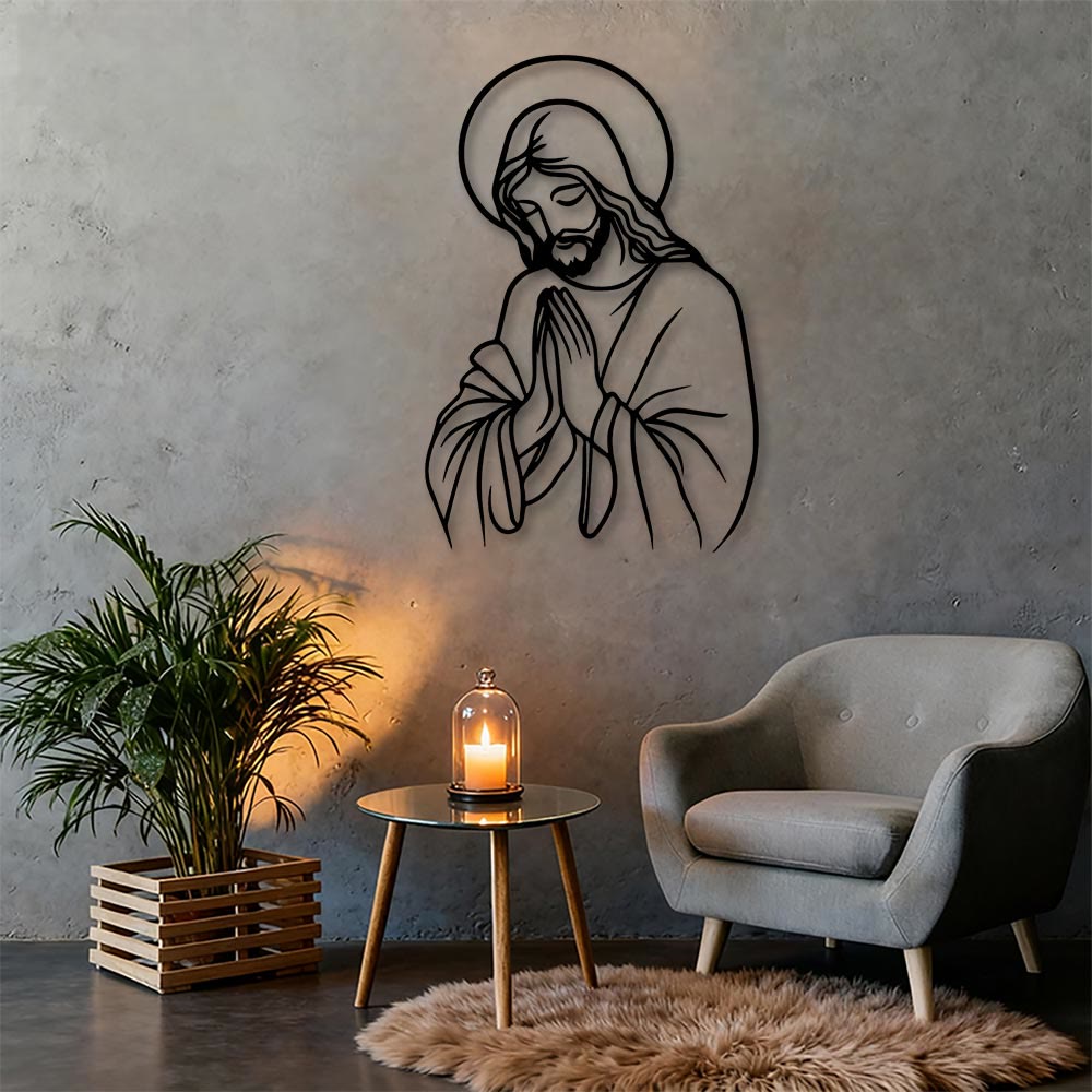 Christianartworkshop Minimalistische Linienkunst: Betender Jesus als Heiligenschein aus Metall – Wanddekoration: Ein Symbol demütiger, heiliger Hingabe - image 3