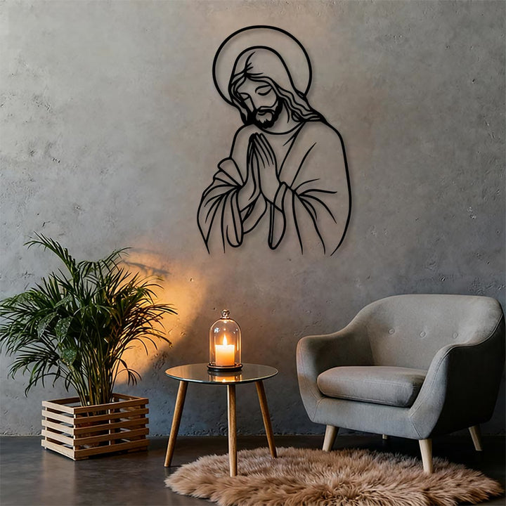 Christianartworkshop Minimalistische Linienkunst: Betender Jesus als Heiligenschein aus Metall – Wanddekoration: Ein Symbol demütiger, heiliger Hingabe - image 3