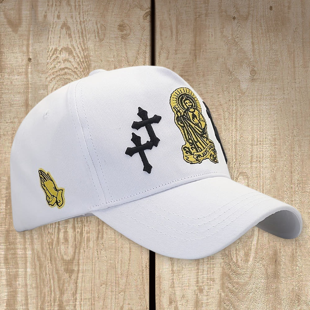 Christianartworkshop Klassische, verstellbare Baseballkappe mit St.-Judas- und Dreifachkreuzstickerei - Weiß - image 1