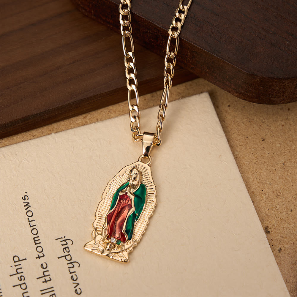 Christianartworkshop Eleganter Anhänger mit Sonnenstrahlenrand, emailliert, Jungfrau Guadalupe, an einer massiven Figaro-Kette - image 4