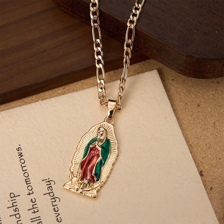 Christianartworkshop Eleganter Anhänger mit Sonnenstrahlenrand, emailliert, Jungfrau Guadalupe, an einer massiven Figaro-Kette - image 4