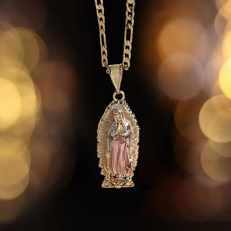 Christianartworkshop Eleganter Anhänger mit Sonnenstrahlenrand, emailliert, Jungfrau Guadalupe, an einer massiven Figaro-Kette - Rosa - image 6