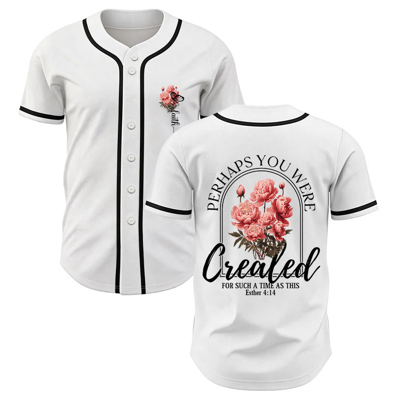 Christianartworkshop „Vielleicht wurdest du gerade für eine Zeit wie diese geschaffen“ Esther 4,14 Baseballtrikot mit Pfingstrosen-Glaubensmotiv und Knöpfen - Weiß - 5XL - image 0