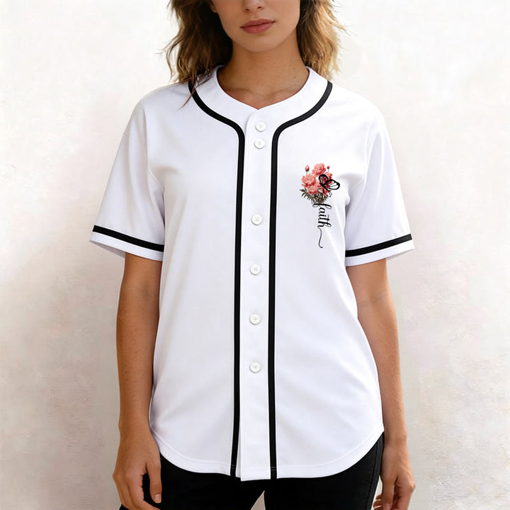Christianartworkshop „Vielleicht wurdest du gerade für eine Zeit wie diese geschaffen“ Esther 4,14 Baseballtrikot mit Pfingstrosen-Glaubensmotiv und Knöpfen - image 2