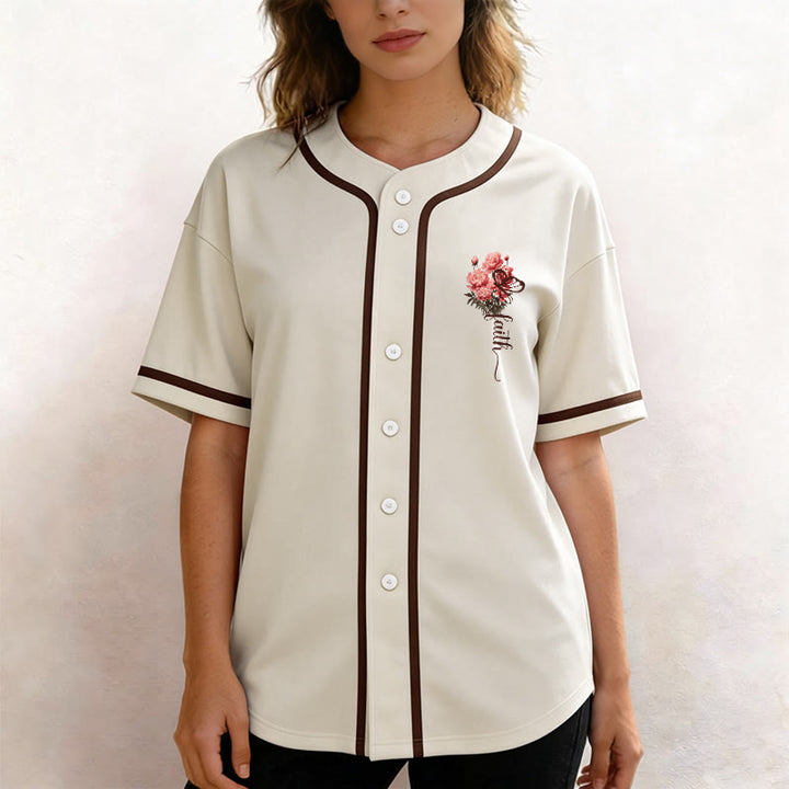 Christianartworkshop „Vielleicht wurdest du gerade für eine Zeit wie diese geschaffen“ Esther 4,14 Baseballtrikot mit Pfingstrosen-Glaubensmotiv und Knöpfen - image 16