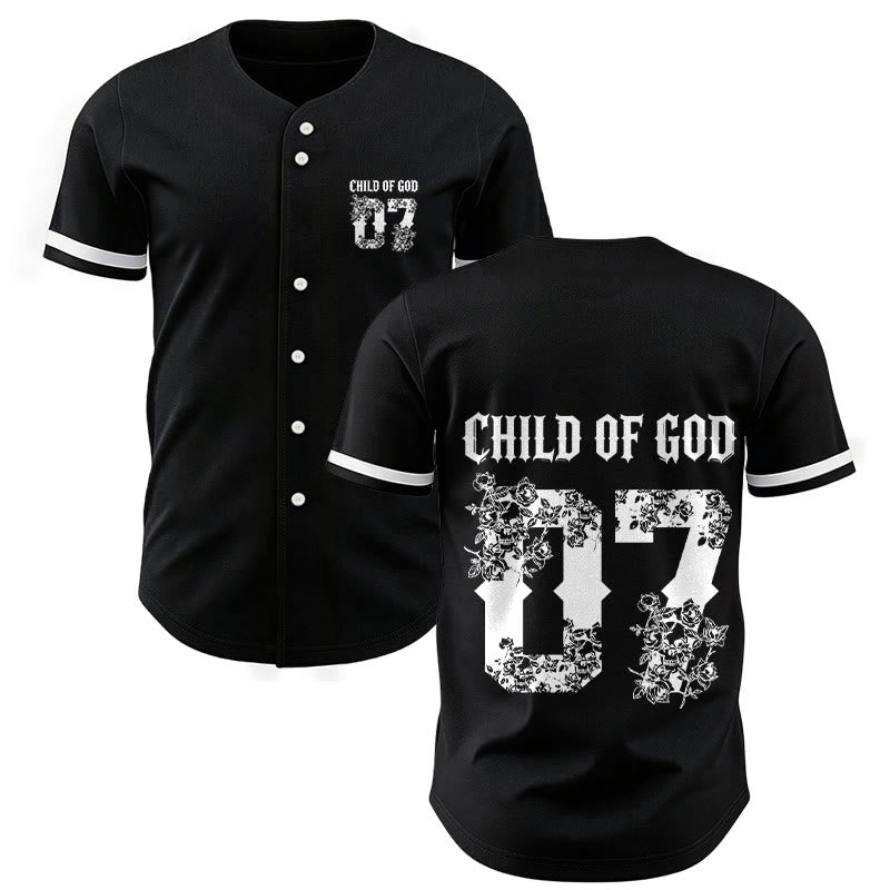 Christianartworkshop „Child Of God“ Baseballtrikot mit Blumenmuster, Nummer 07, Knopfleiste - Schwarz - 5XL - image 0