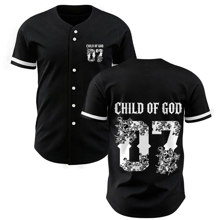 Christianartworkshop „Child Of God“ Baseballtrikot mit Blumenmuster, Nummer 07, Knopfleiste - Schwarz - 5XL - image 0