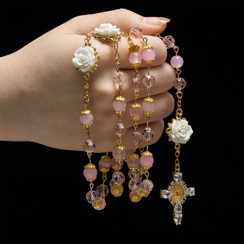 Christianartworkshop Rosenkranz Unserer Lieben Frau von Guadalupe aus rosa Kristall und weißer Rose - Unsere Liebe Frau und das Kreuz - image 0