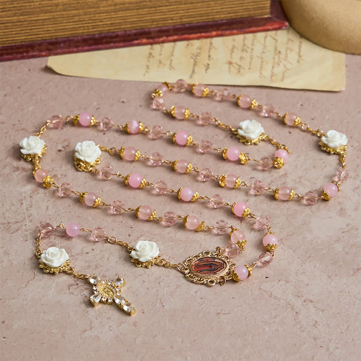 Christianartworkshop Rosenkranz Unserer Lieben Frau von Guadalupe aus rosa Kristall und weißer Rose - image 3