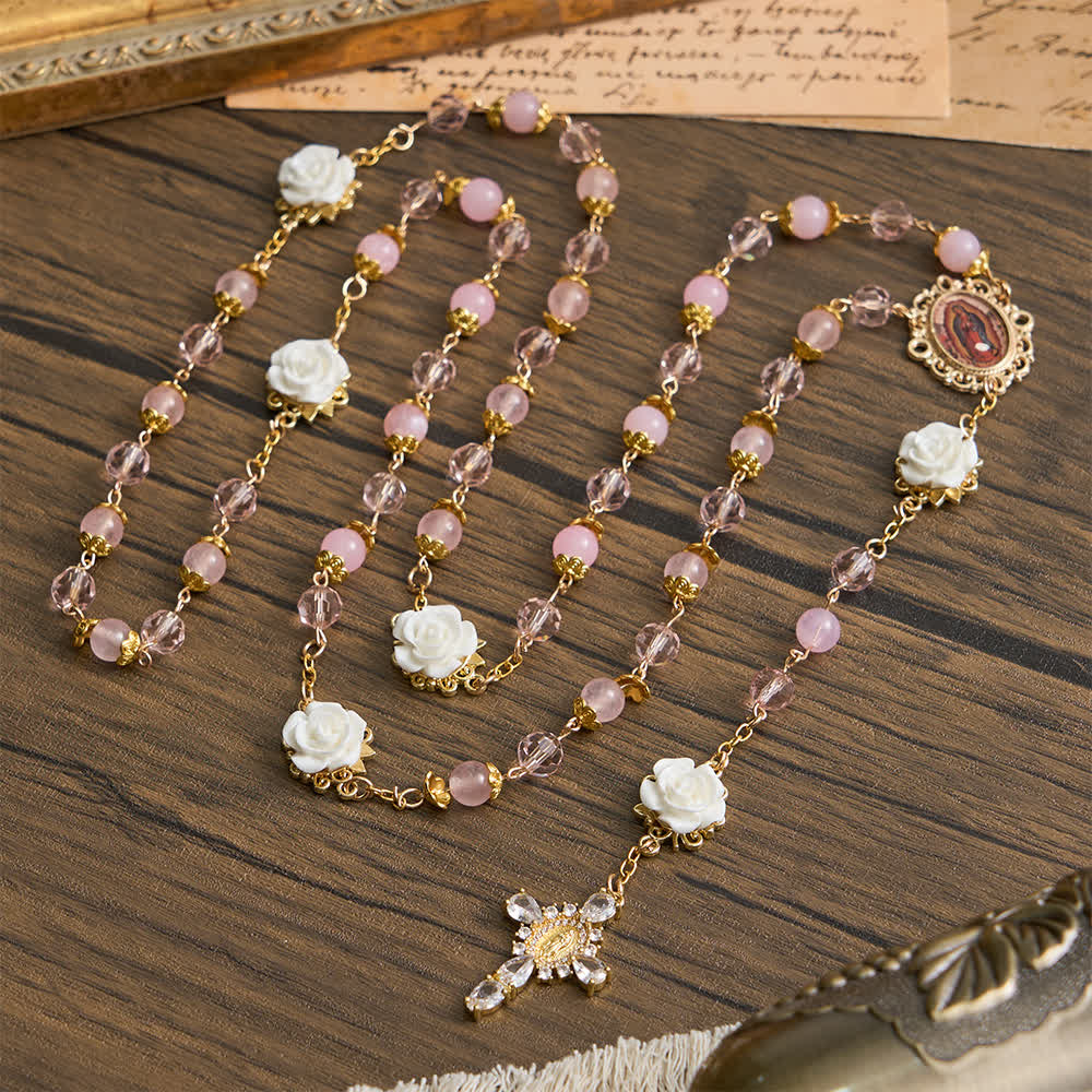 Christianartworkshop Rosenkranz Unserer Lieben Frau von Guadalupe aus rosa Kristall und weißer Rose - image 1